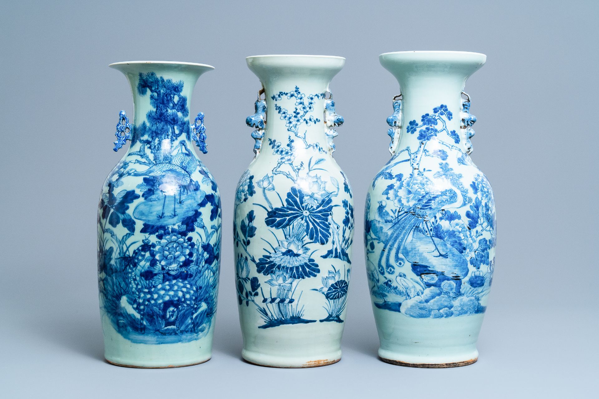 Three Chinese blue and white celadon-ground vases, 19th C.