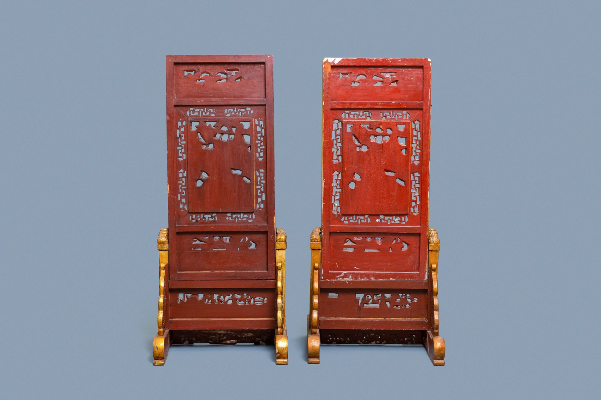 A pair of Chinese gilt carved wood screens for the Straits or Peranakan market, 19th C. - Image 2 of 12