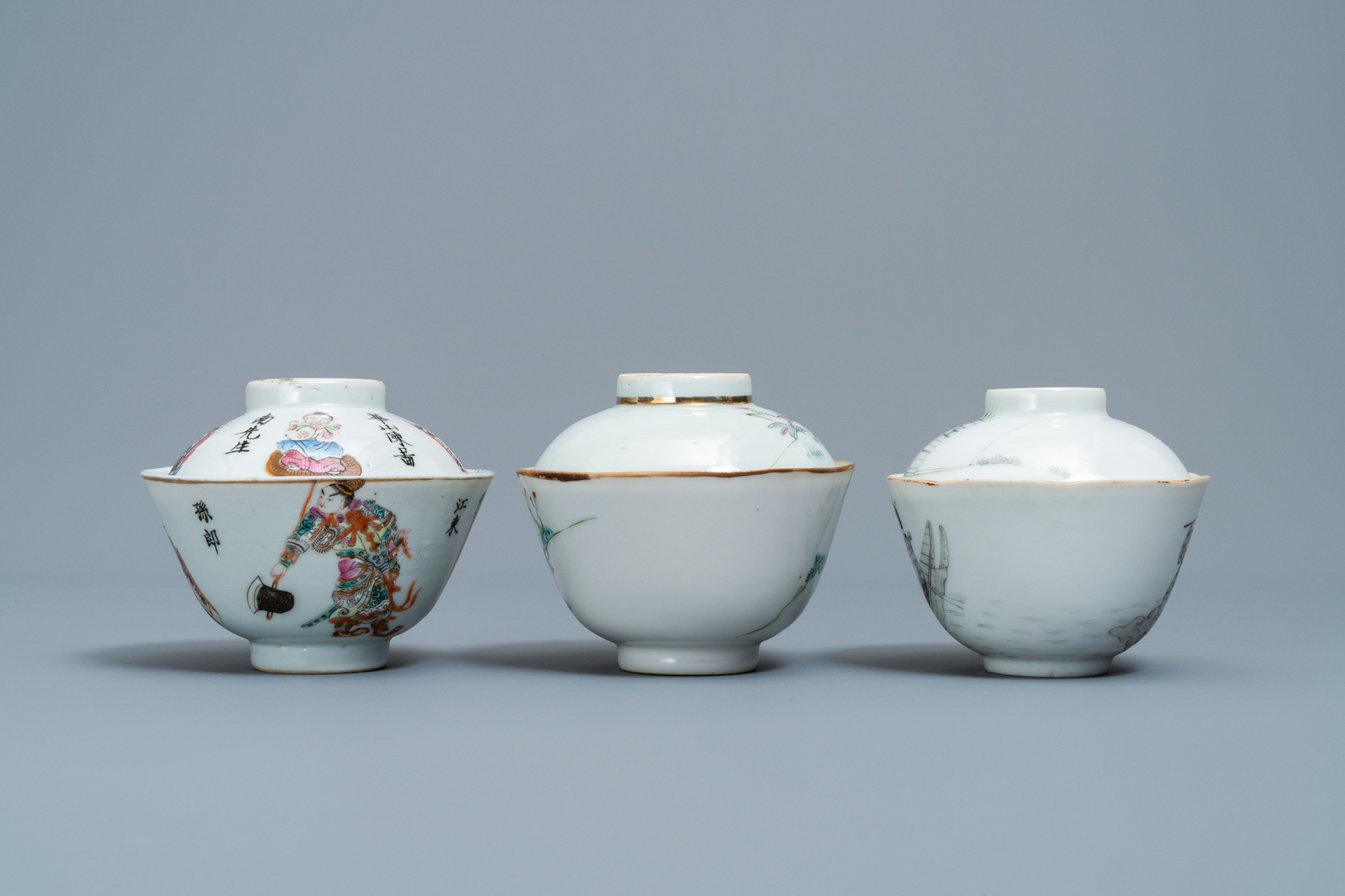 Three Chinese famille rose and grisaille bowls and covers, 19th C. - Image 2 of 7