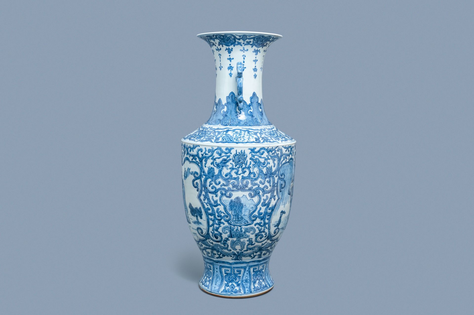 A large Chinese blue and white vase with figurative medallions, 20th C. - Image 4 of 6