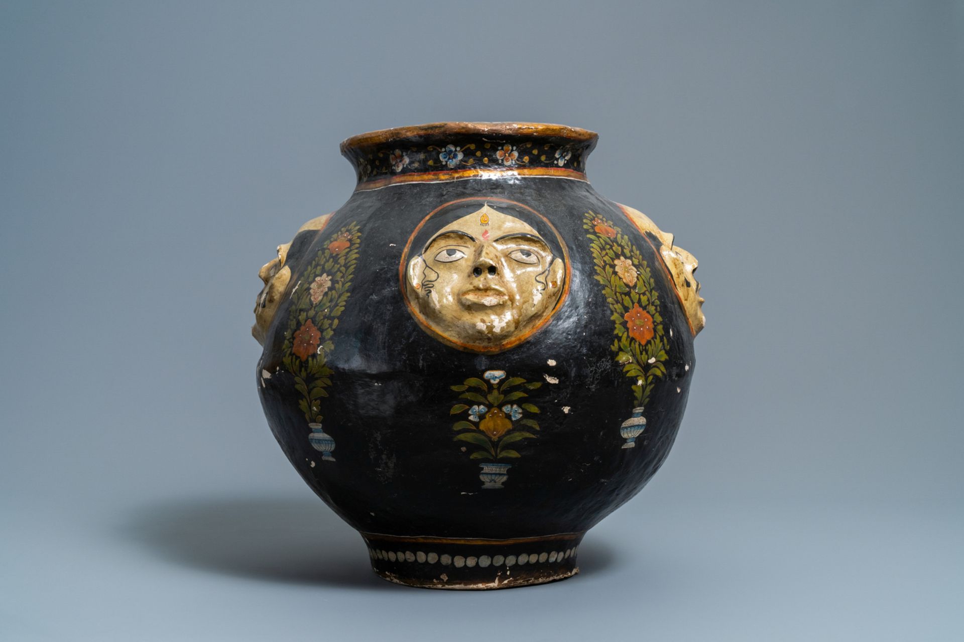 A relief-decorated papier-mache vase with four faces, Kashmir, India, 19th C. - Image 6 of 8