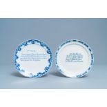 Two Dutch Delft blue and white text plates for the French market, 18th C.