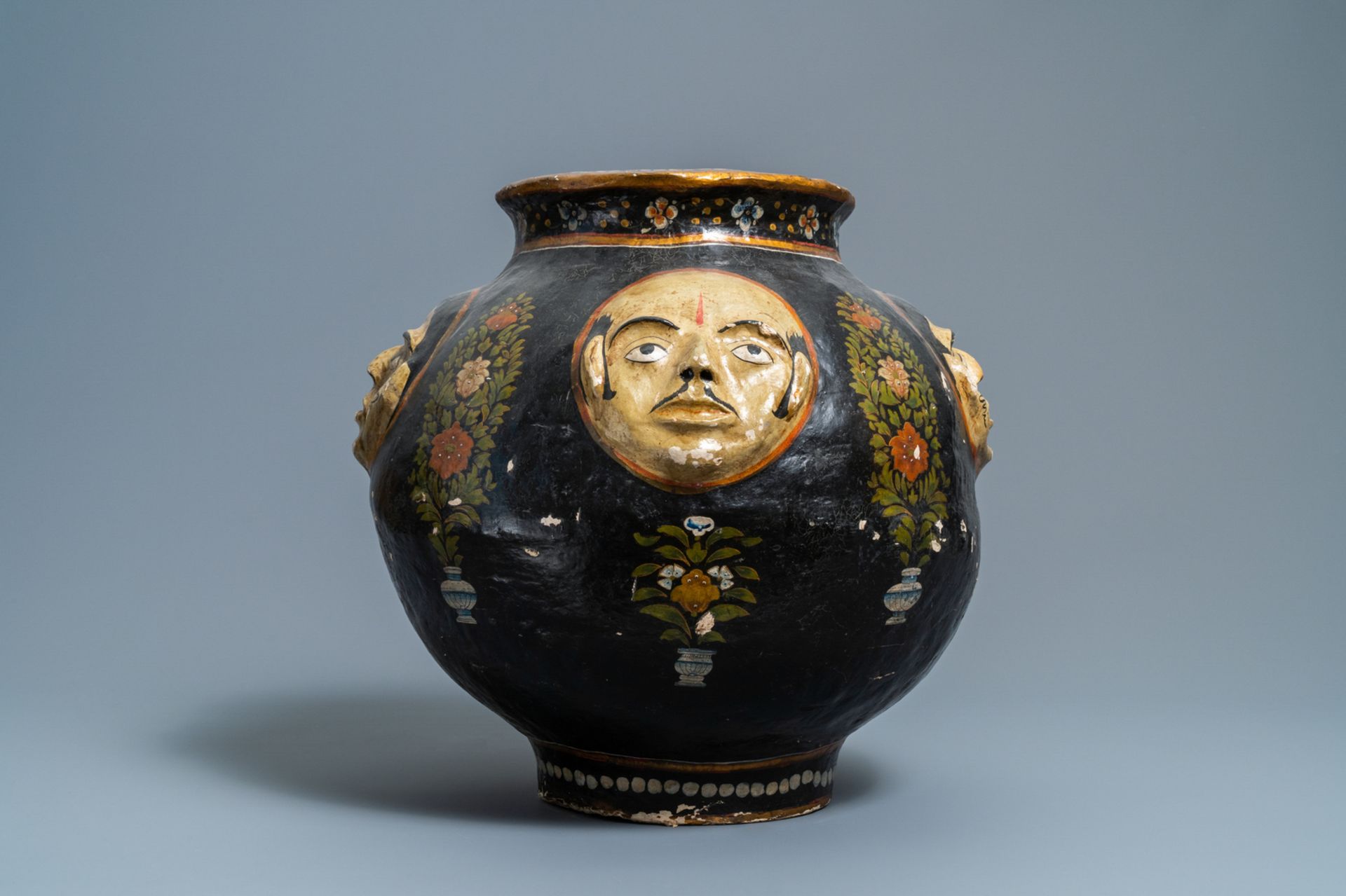 A relief-decorated papier-mache vase with four faces, Kashmir, India, 19th C. - Image 3 of 8