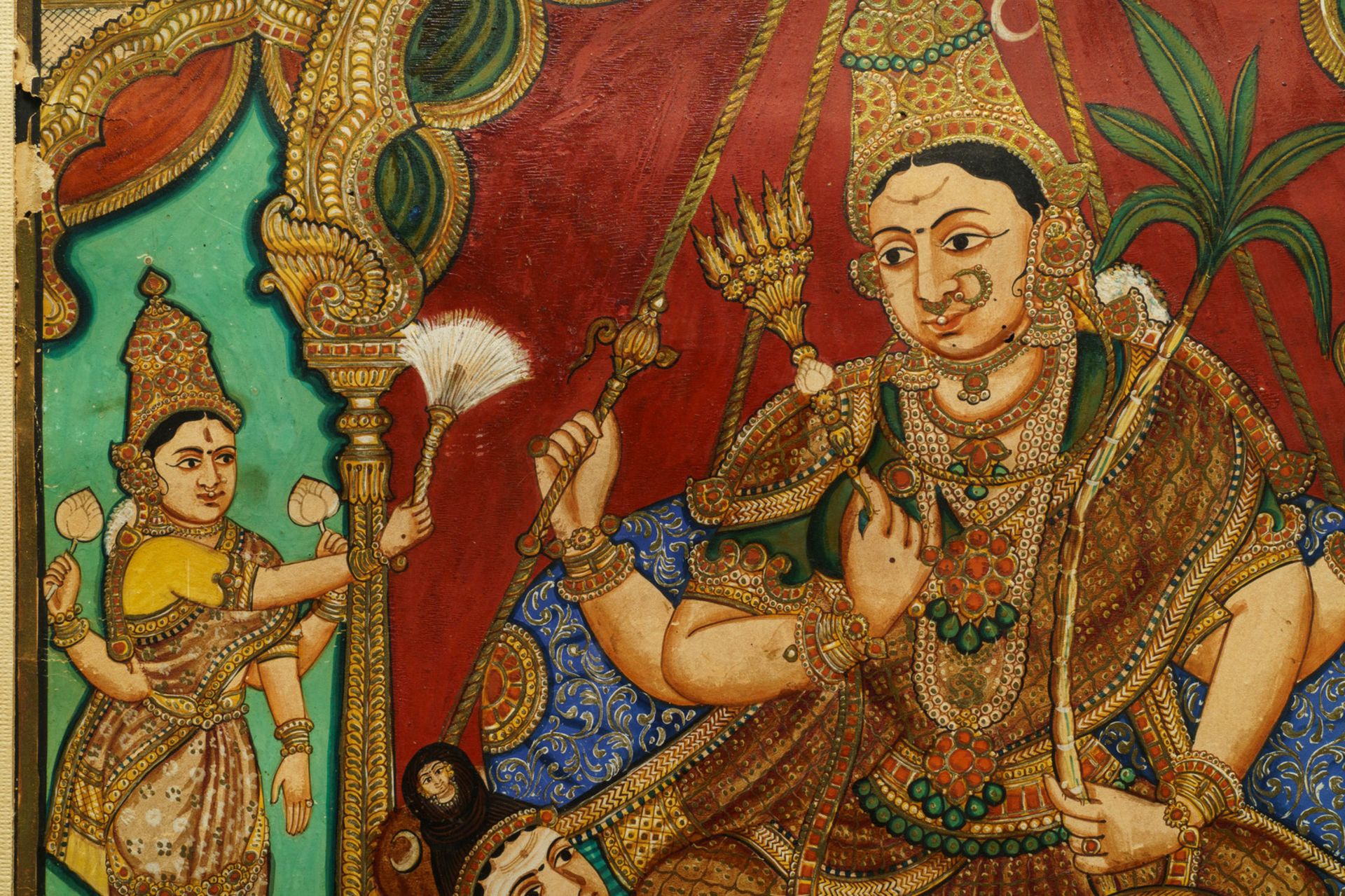 Thanjavur school, South India, pigment and gold leaf on paper, 19/20th C.: 'Vishnu and Lakshmi' - Image 3 of 5