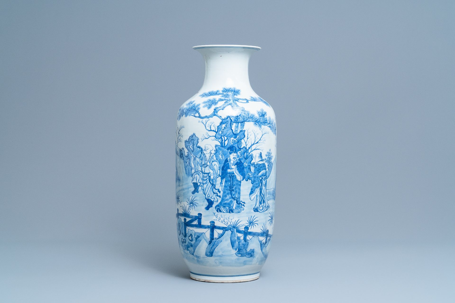 A Chinese blue and white vase with a narrative scene, Kangxi mark, 19th C.