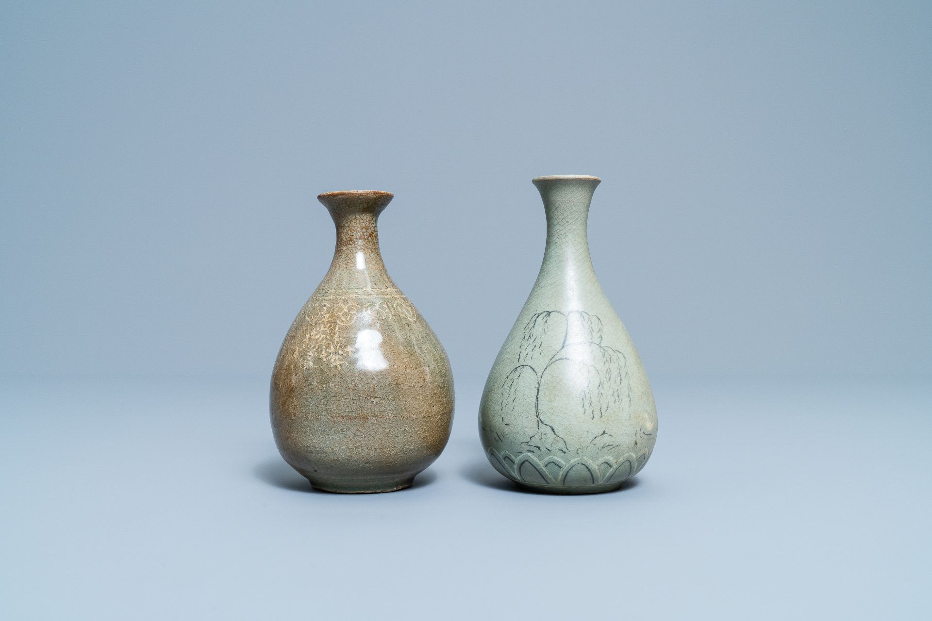 Two Korean celadon vases, probably Goryeo/Joseon, 14/15th C.