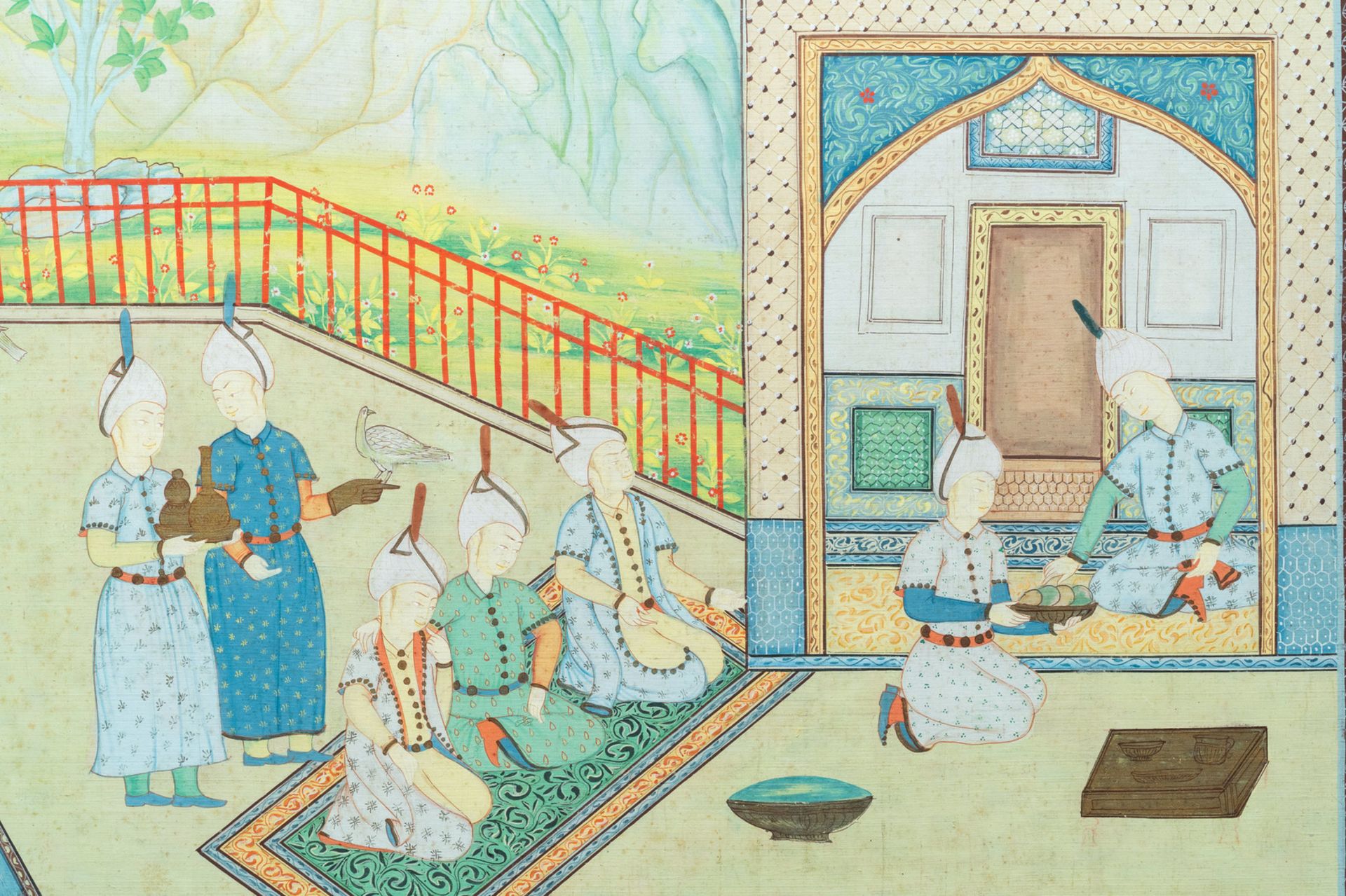 Safavid school, Iran, 19/20th C., oil and ink on canvas: 'A ceremonial court view' - Bild 3 aus 6