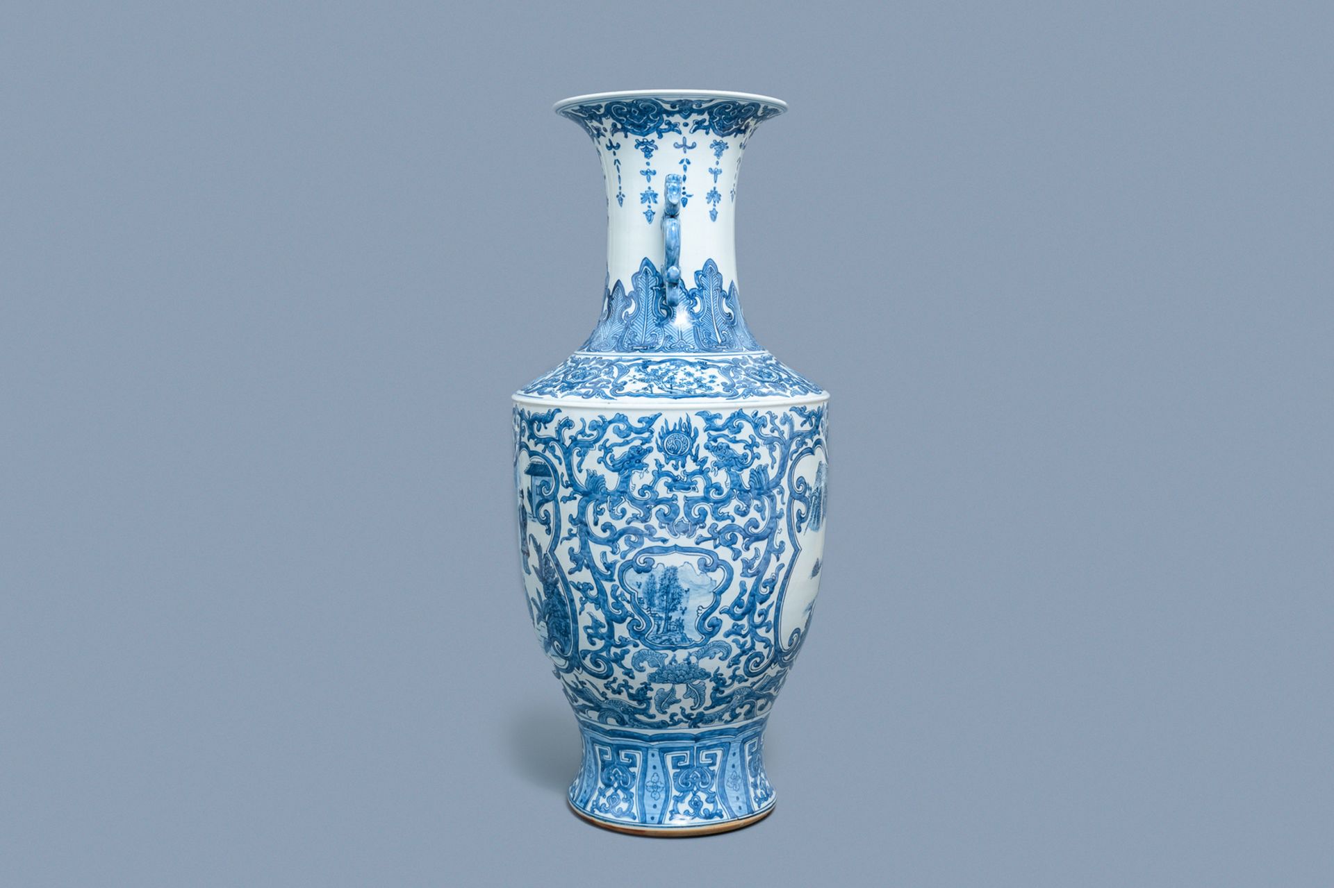 A large Chinese blue and white vase with figurative medallions, 20th C. - Image 2 of 6