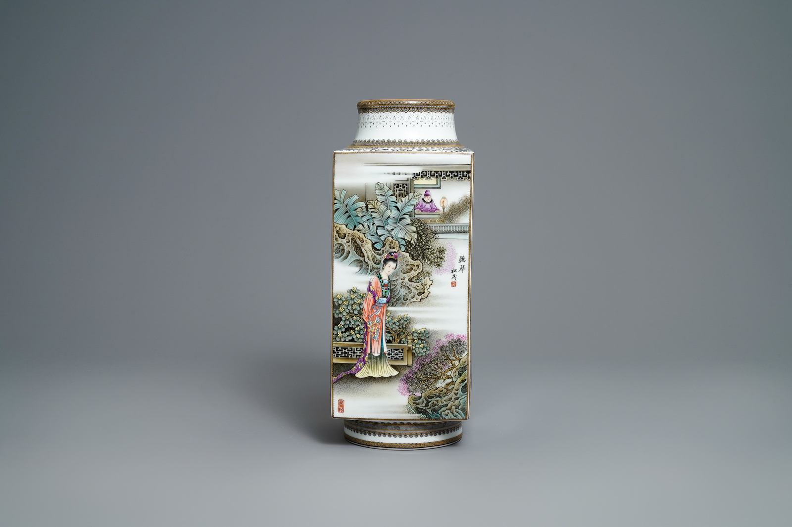 A Chinese famille rose cong vase, signed Zhang Songmao, dated 2002 - Image 4 of 23