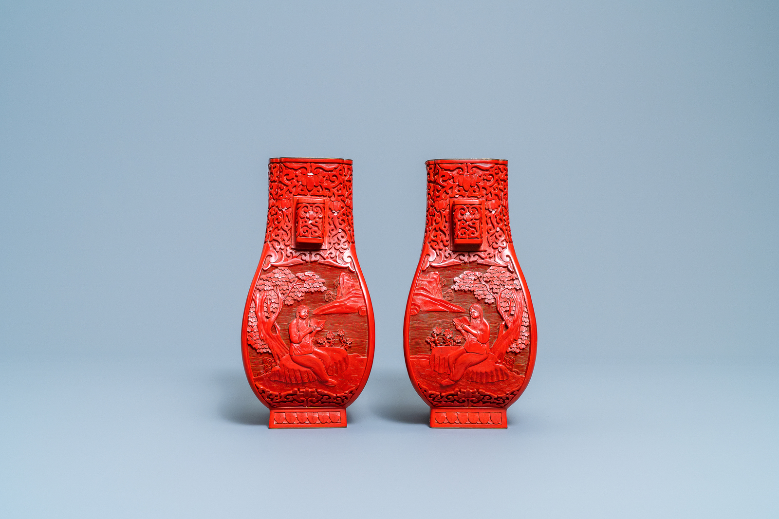 A pair of Chinese cinnabar lacquer 'Cultural Revolution' vases, 20th C. - Image 5 of 7