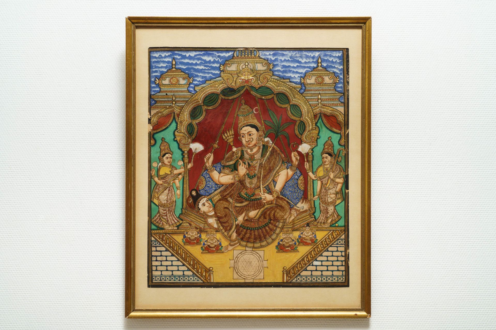 Thanjavur school, South India, pigment and gold leaf on paper, 19/20th C.: 'Vishnu and Lakshmi' - Image 2 of 5