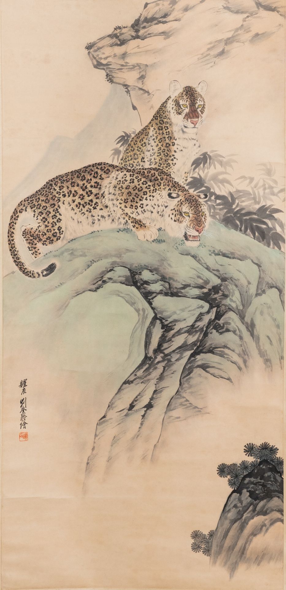 Liu Kuiling (China, 1885-1967), ink and colour on paper: 'Two leopards in a mountain landscape'