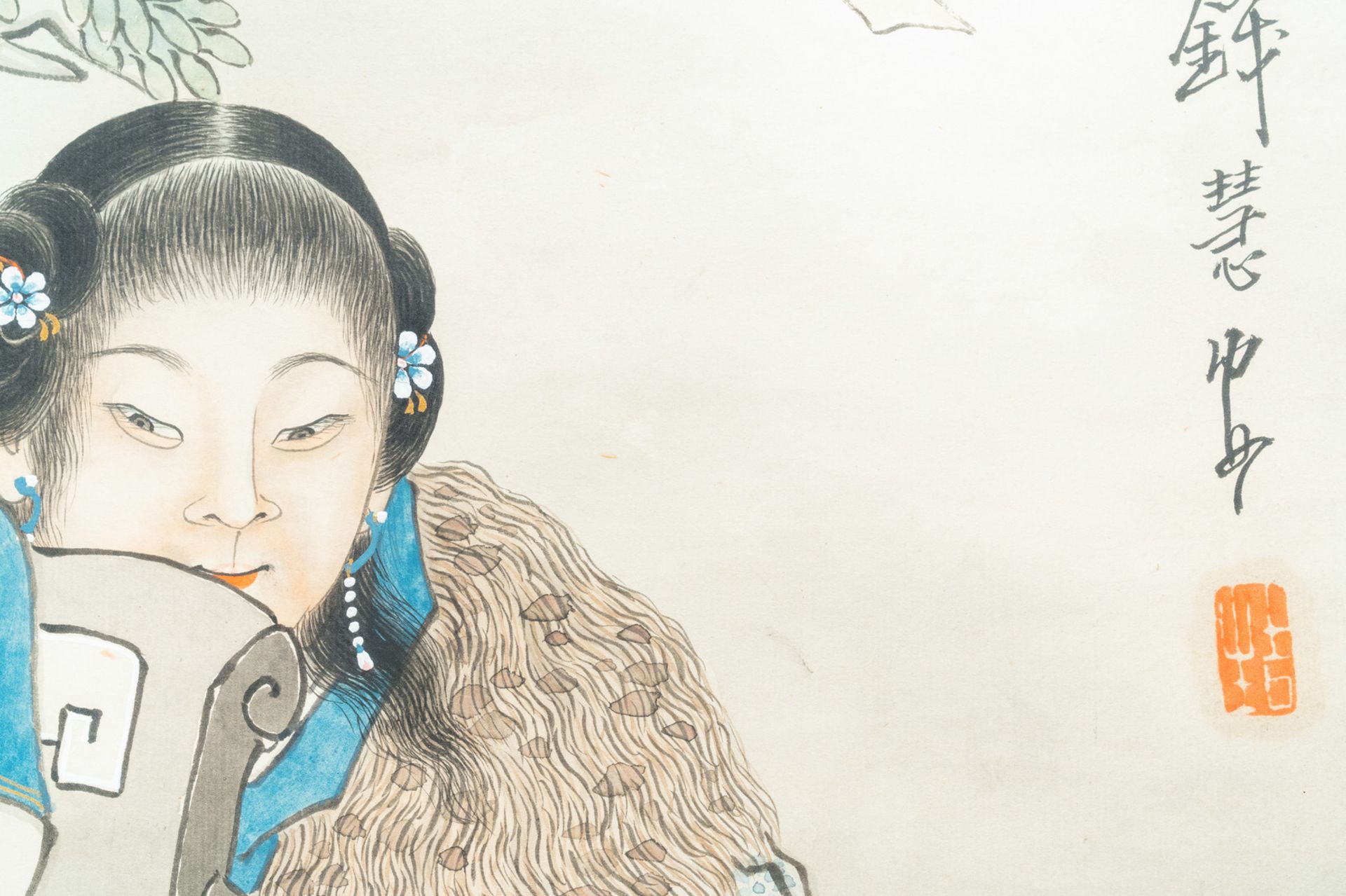 Qian Huian (1833-1911), ink and colour on paper, 19th C.: 'Fugui shoukao, after Wen Anguo' - Image 6 of 6
