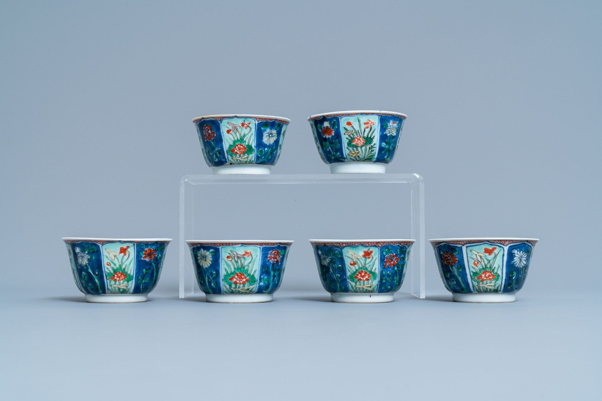 Six Chinese famille verte cups and saucers, Kangxi - Image 6 of 9