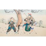 Chinese school, ink and colour on paper, 19/20th C.: 'Two equestrian hunting scenes'