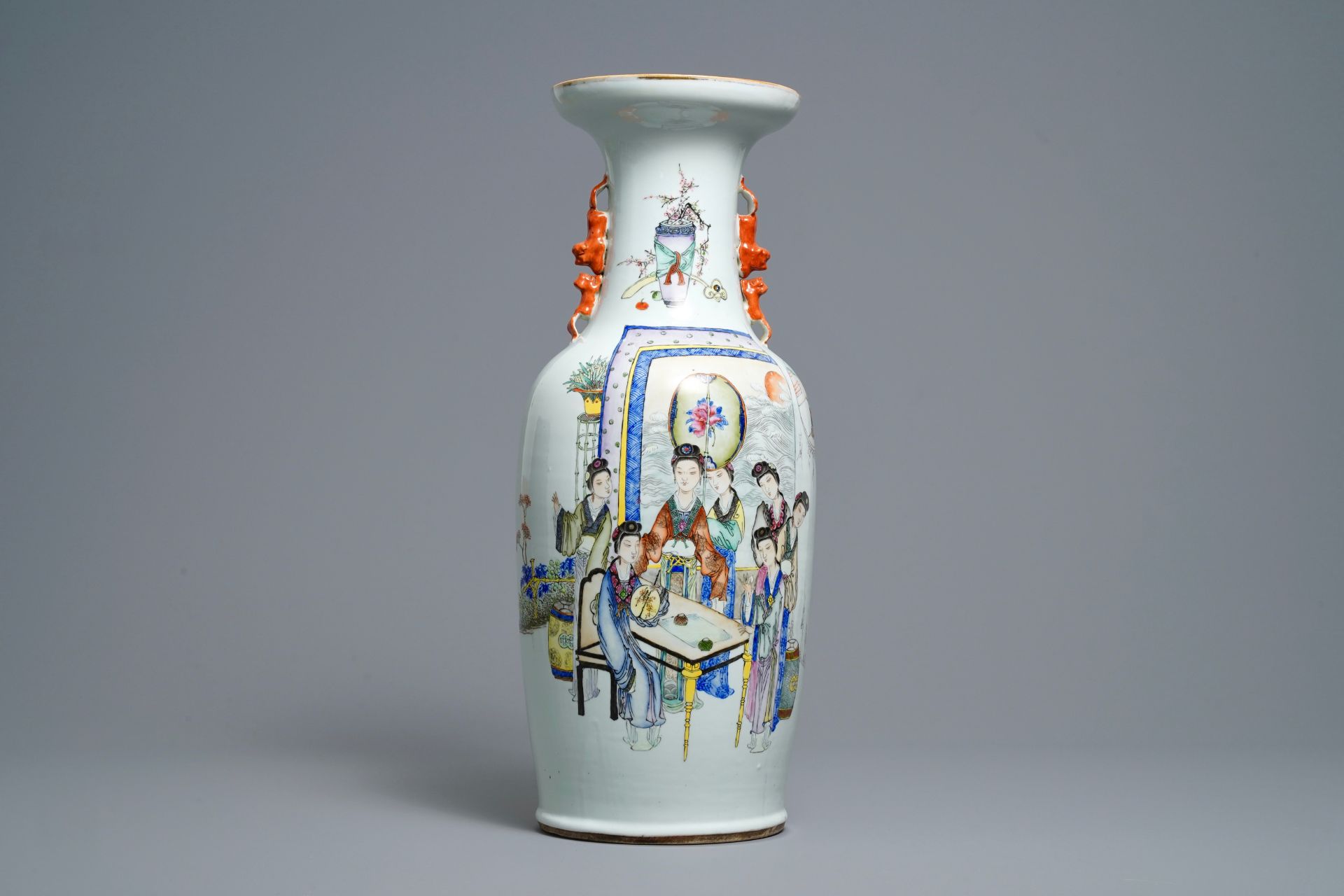 A Chinese qianjiang cai vase with women around a table, signed Yan Bing Jun, dated 1913