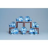 Seven Chinese blue and white cups and saucers, Kangxi