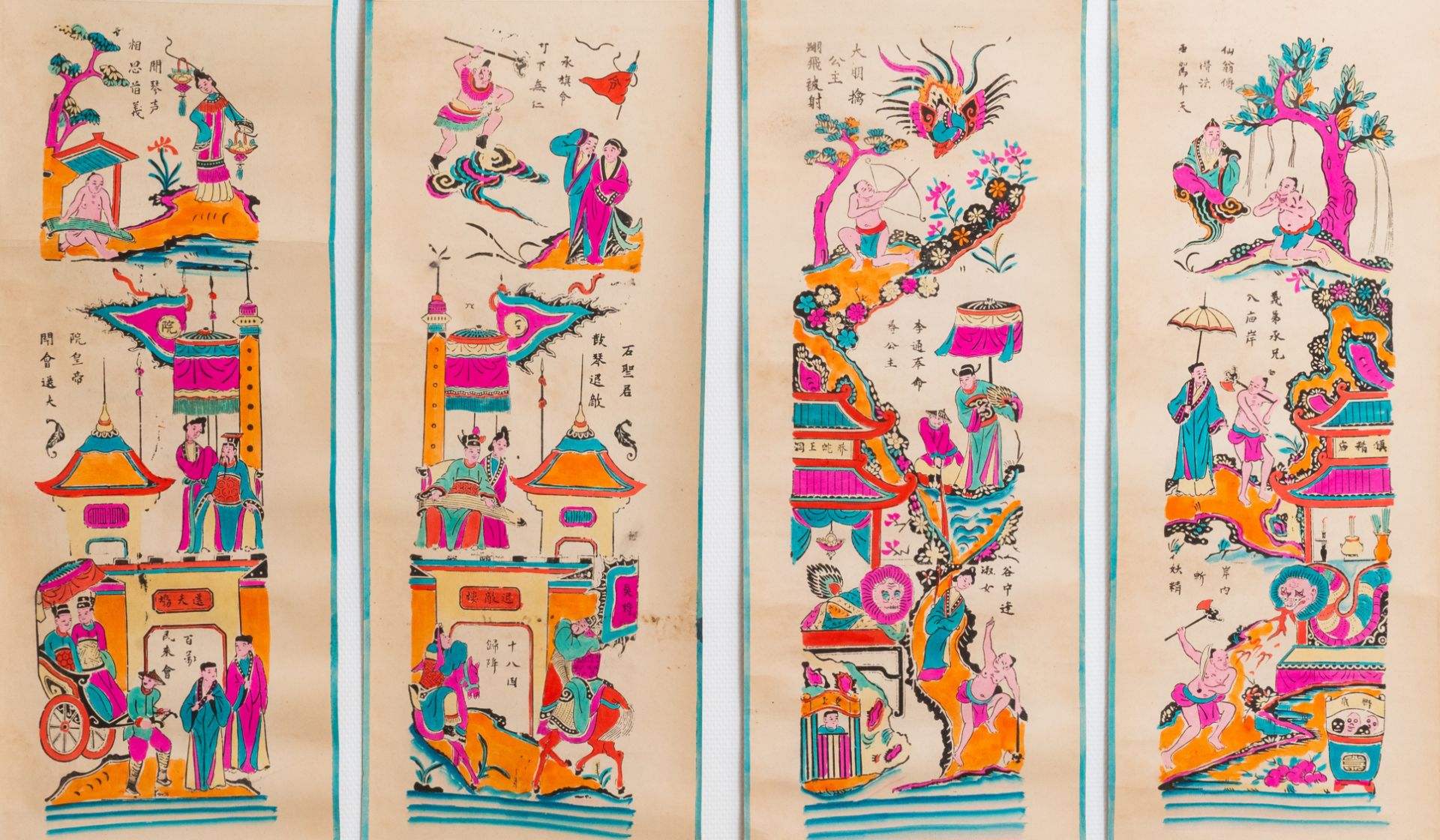 Vietnamese school, prints enhanced with ink and colour: 'Four scrolls'