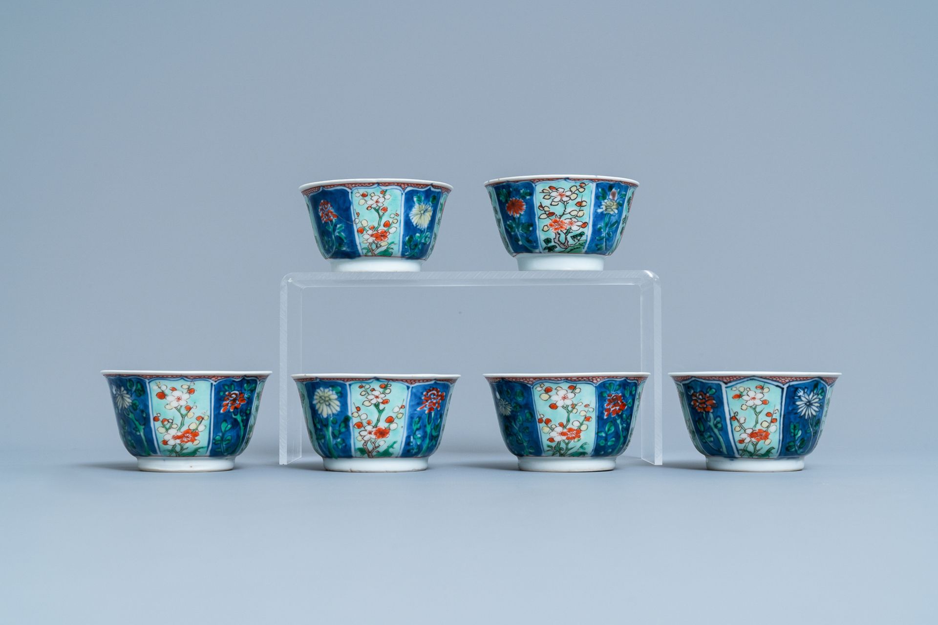 Six Chinese famille verte cups and saucers, Kangxi - Image 4 of 9