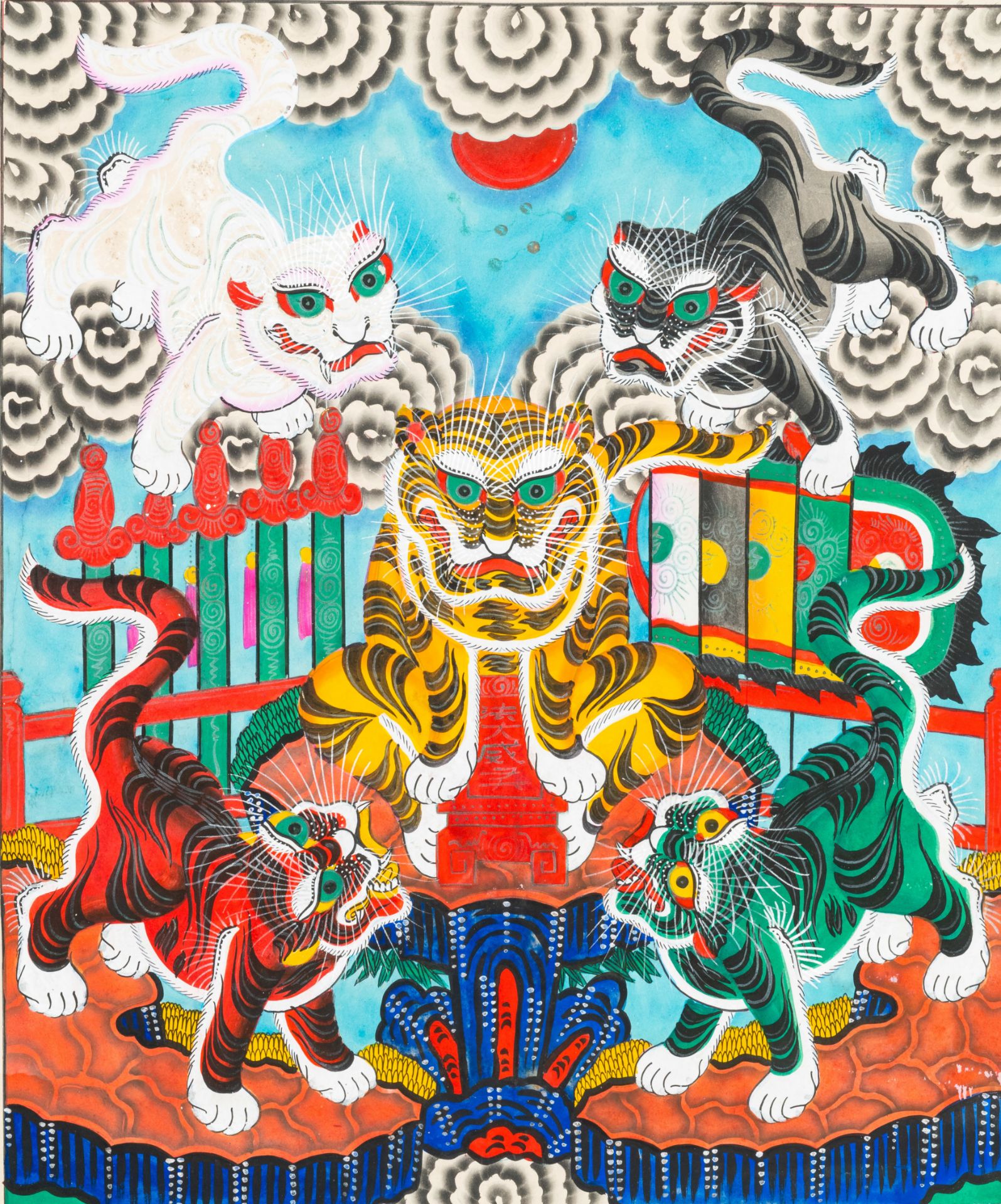 Vietnamese school, ink and colour on paper, 19/20th C.: 'A pair of works with five tigers'