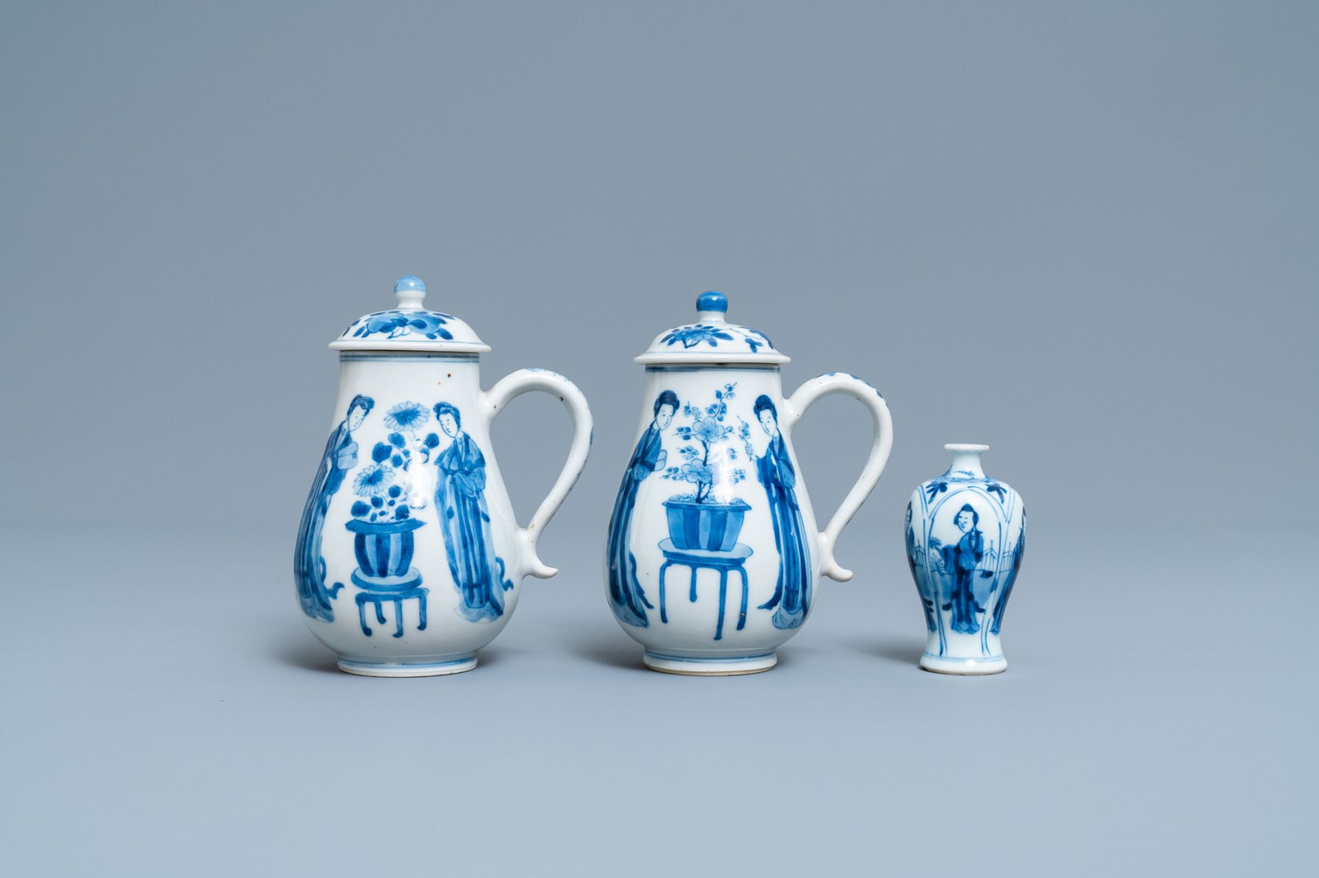 A pair of Chinese blue and white 'Long Eliza' jugs and covers and a miniature vase, Kangxi - Image 2 of 7