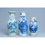 Three Chinese blue and white vases with birds among blossoming branches, 19th C.