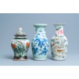 Three Chinese vases in qianjiang cai, celadon-ground and Nanking crackle-glazed porcelain, 19/20th C