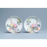 A pair of Chinese famille rose plates with floral arrangements, Qianlong mark, Republic