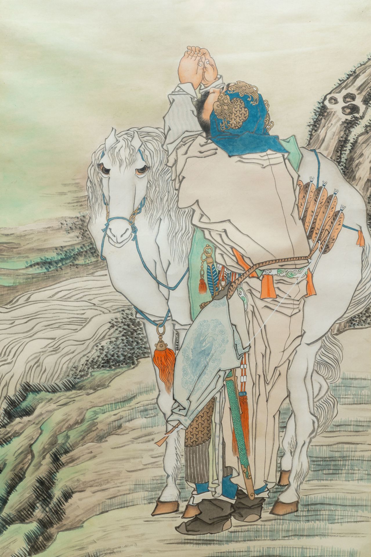 Qian Huian (1833-1911), ink and colour on paper, 19th C.: 'Fugui shoukao, after Wen Anguo' - Image 5 of 6
