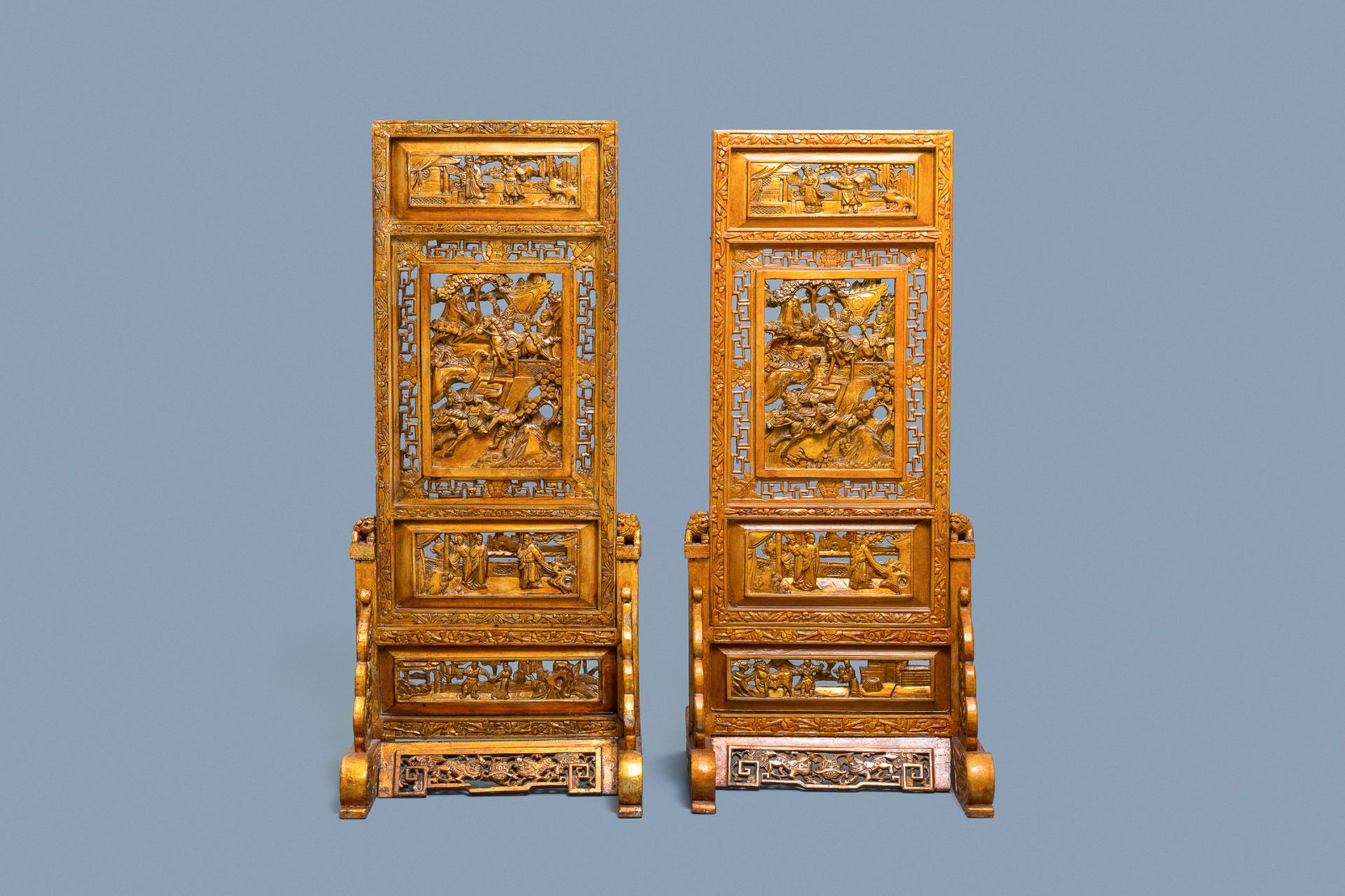 A pair of Chinese gilt carved wood screens for the Straits or Peranakan market, 19th C.