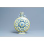 A Chinese yellow-ground blue and white 'Bajixiang' moon flask vase, Yongzheng mark, 19/20th C.