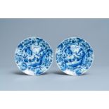 A pair of Dutch Delft blue and white chinoiserie plates, 17/18th C.