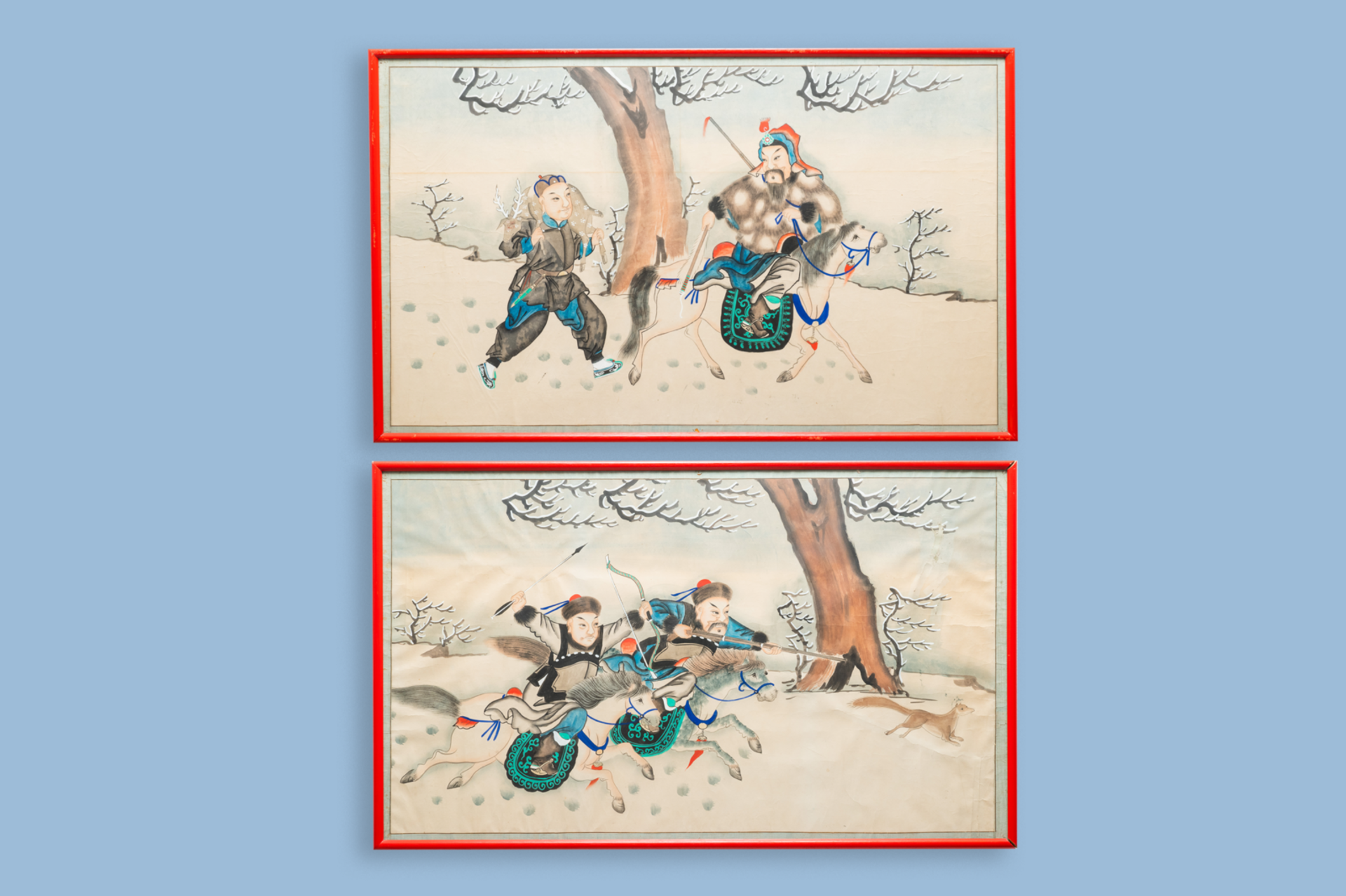 Chinese school, ink and colour on paper, 19/20th C.: 'Two equestrian hunting scenes' - Image 8 of 8