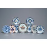 A collection of nine polychrome and blue and white Dutch Delft dishes, 18th C.