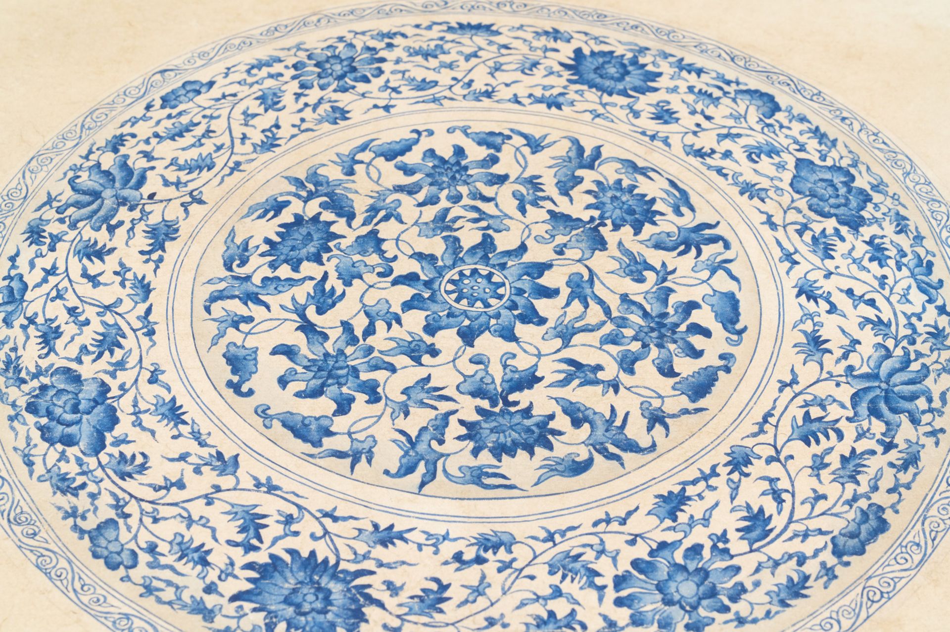 Chinese school, colour on paper, 19th C.: 'A blue and white porcelain Yuan period dish' - Image 18 of 18