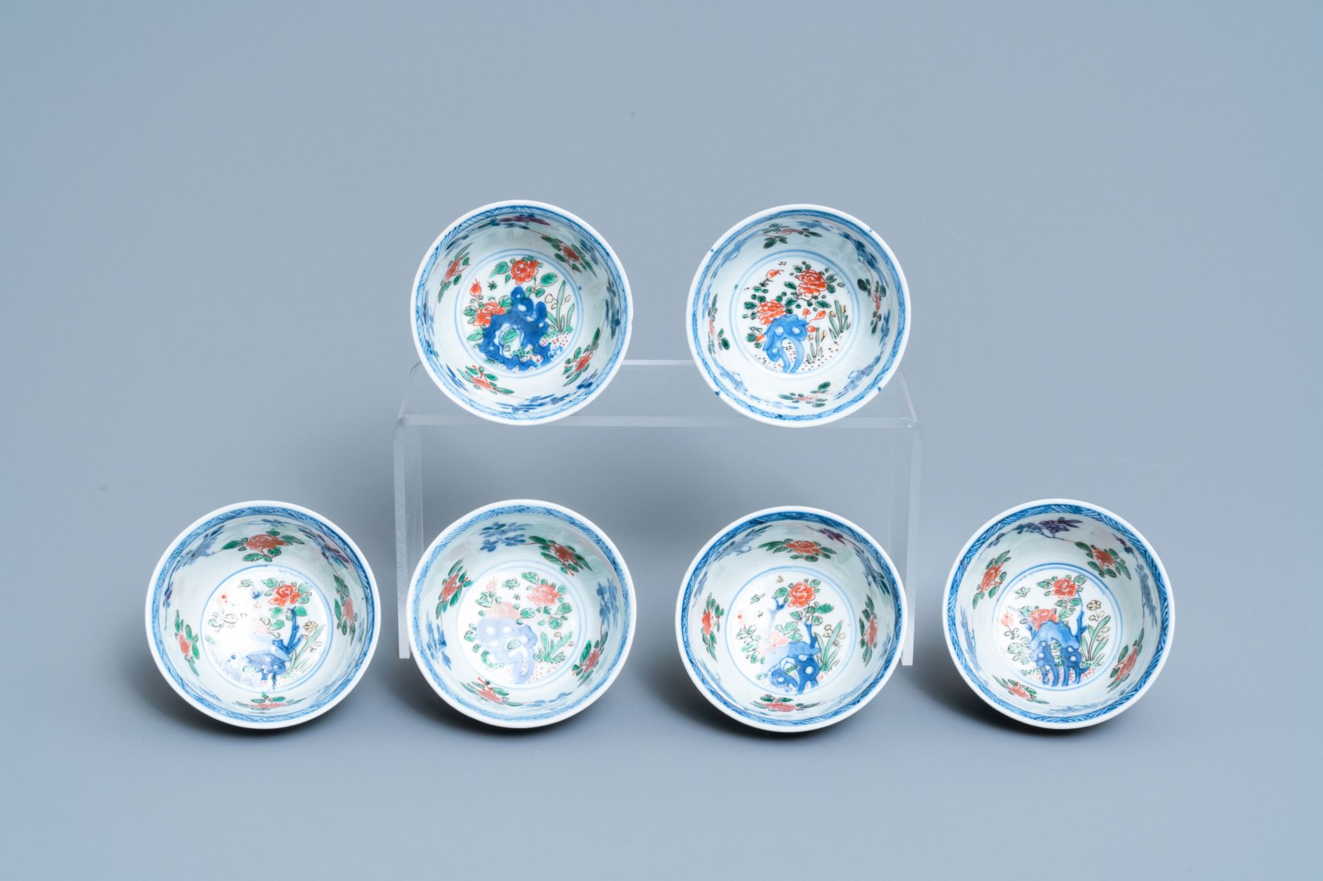 Six Chinese famille verte cups and saucers, Kangxi - Image 8 of 9