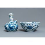 A Chinese blue and white kendi and a 'lotus scroll' bowl, Ming