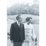 A signed black and white photograph of the Japanese emperor Hirohito and empress Nagako, 1970's