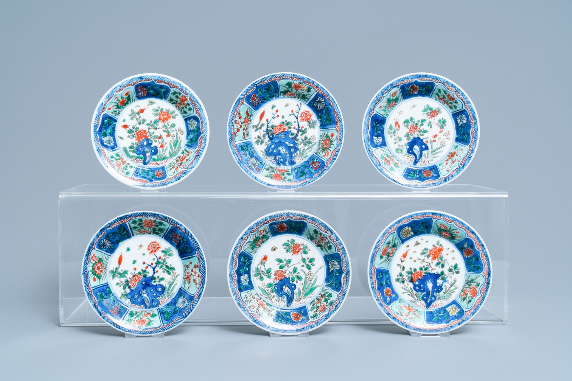 Six Chinese famille verte cups and saucers, Kangxi - Image 2 of 9