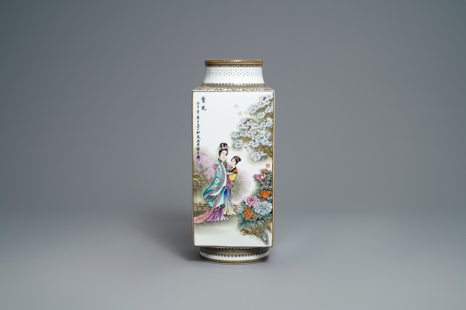 A Chinese famille rose cong vase, signed Zhang Songmao, dated 2002 - Image 2 of 23