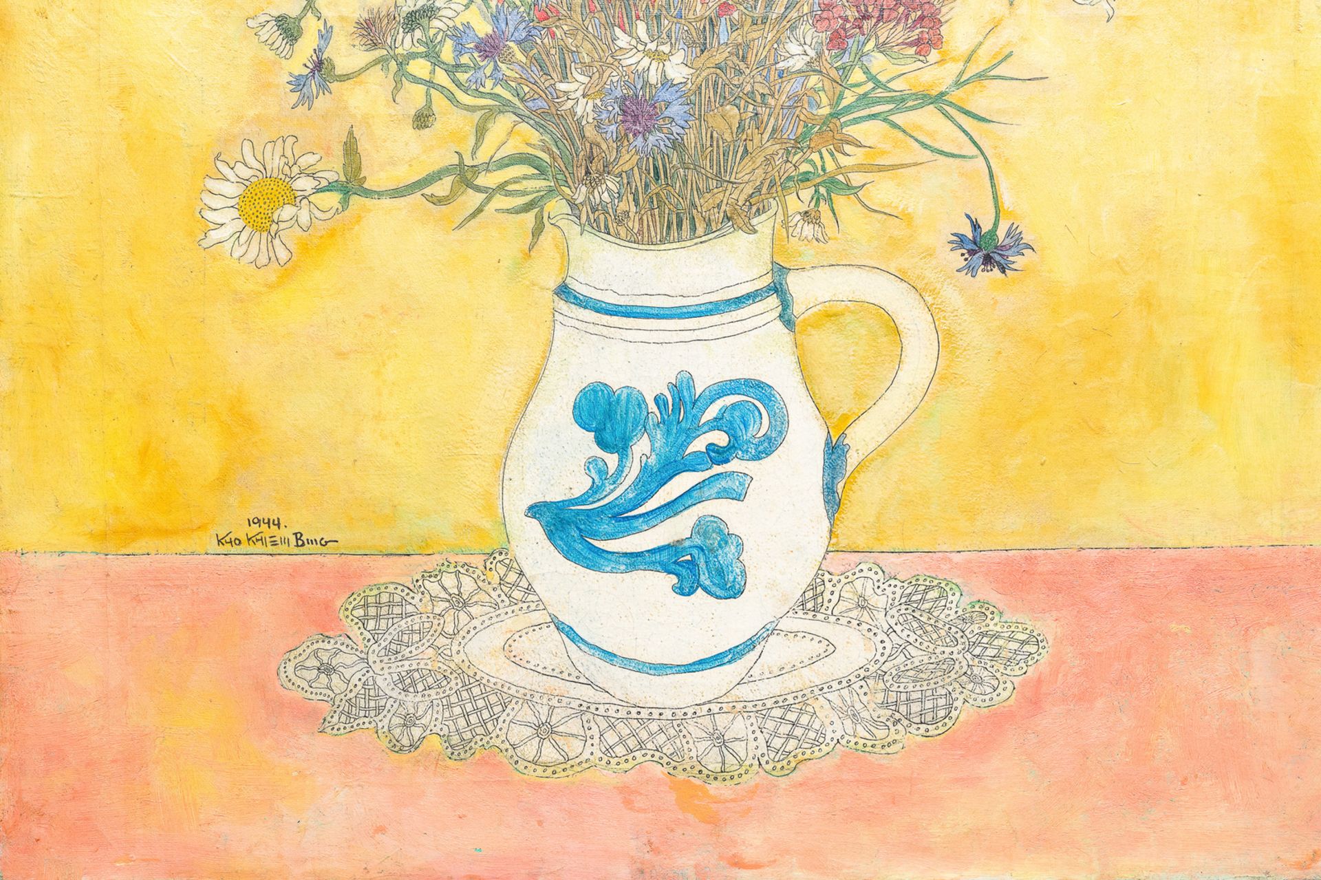 Kho Kiem Bing (Vietnam, 1917-), ink and oil on canvas: A still life of flowers in a Westerwald jug, - Image 3 of 5