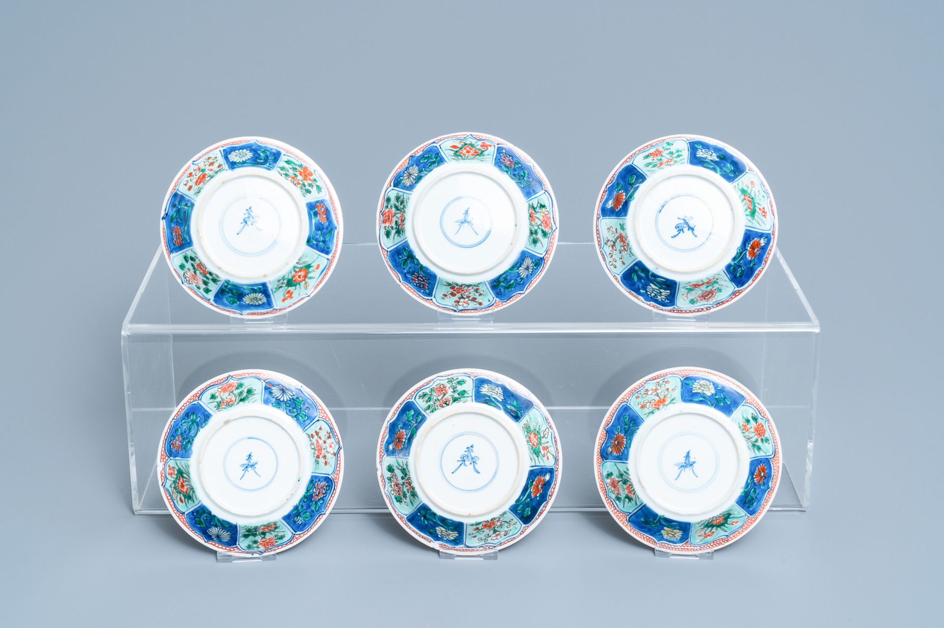 Six Chinese famille verte cups and saucers, Kangxi - Image 3 of 9