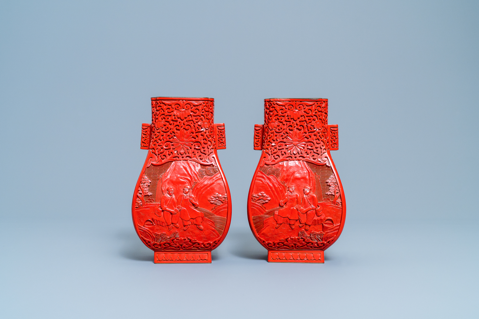 A pair of Chinese cinnabar lacquer 'Cultural Revolution' vases, 20th C. - Image 2 of 7