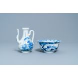 A Chinese blue and white ewer and a 'tiger' bowl, Kangxi mark and of the period