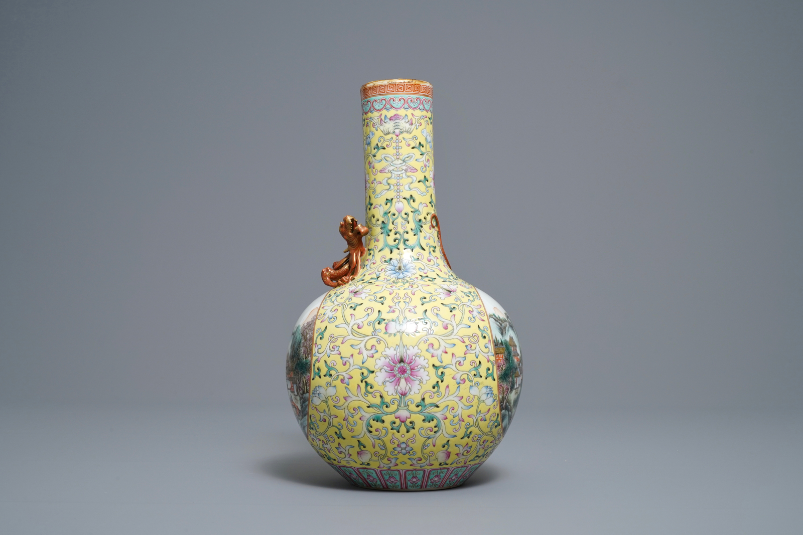 A Chinese famille rose bottle vase with landscape medallions, Qianlong mark, Republic - Image 4 of 6