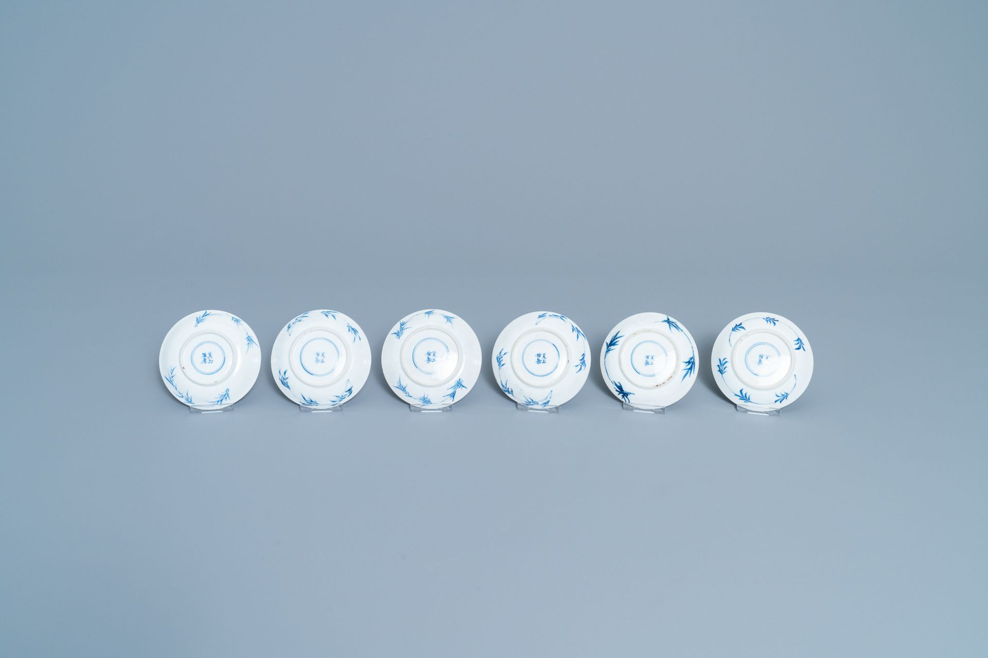 Six Chinese blue and white cups and saucers with horseriders, Kangxi - Image 3 of 10