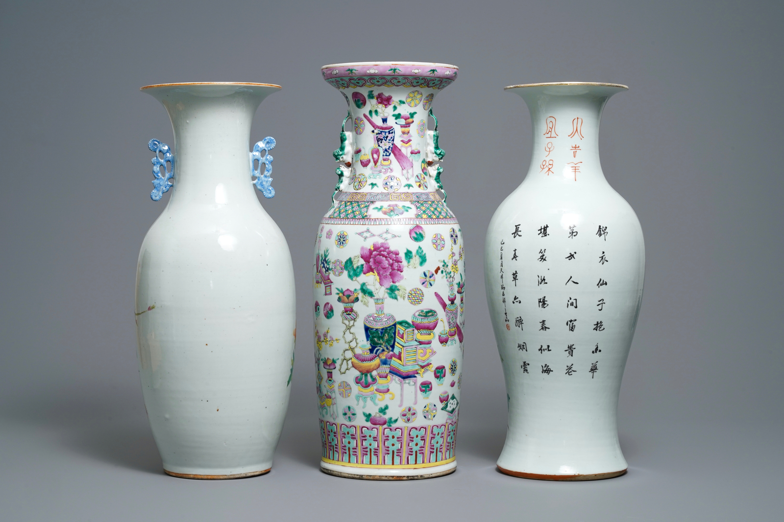 Three various Chinese famille rose vases, 19th C. - Image 3 of 12