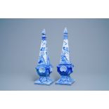 A pair of impressive Dutch Delft blue and white obelisks, 18th C.