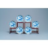 Six Chinese blue and white lobed plates with ducks and butterflies, Kangxi