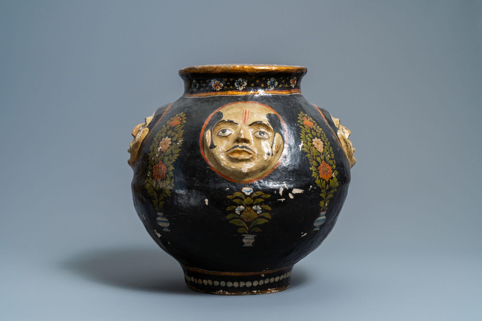 A relief-decorated papier-mache vase with four faces, Kashmir, India, 19th C. - Image 5 of 8